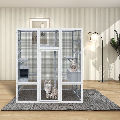 62.6" Outdoor Wooden Cat House Large Catio, Solid Wood Cat Cage Shelter Enclosure Playpen with Anti-UV& Waterproof, 7 Platforms and 2 Resting Box