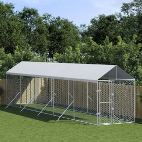 Outdoor Dog Kennel with Roof Silver 6.6'x32.8'x8.2' Galvanized Steel (Color: Silver)